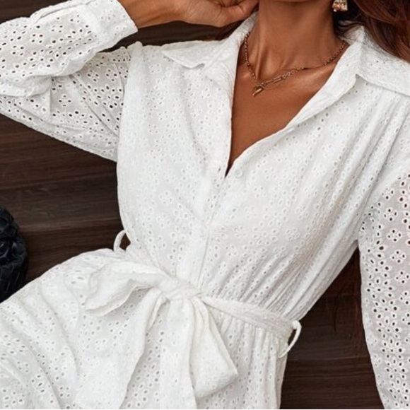 White Eyelet Embroidery Ruffle Hem Belted Shirt Dress - Picture 8 of 8